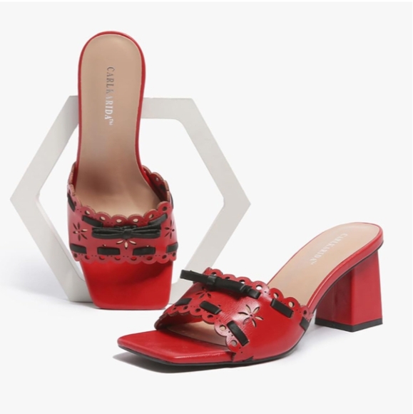 Carl Karida Shoes - Carl Karida Coquette Red & Black Peep Toe Chunky Heel Mules Size 11 NWOT